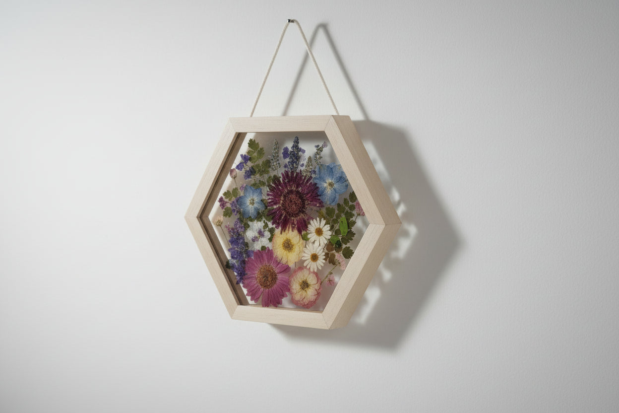 Blue and pink pressed flowers