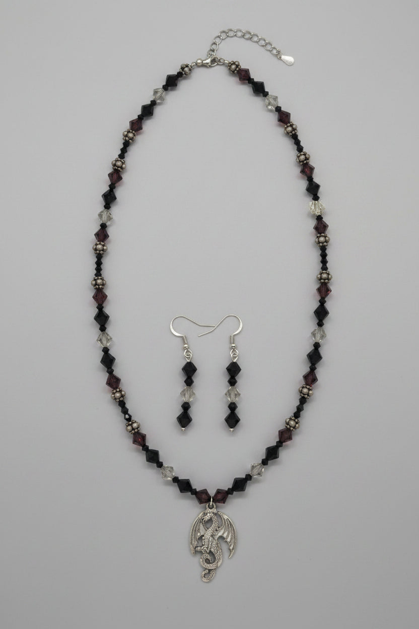 Black and maroon dragon jewelry set