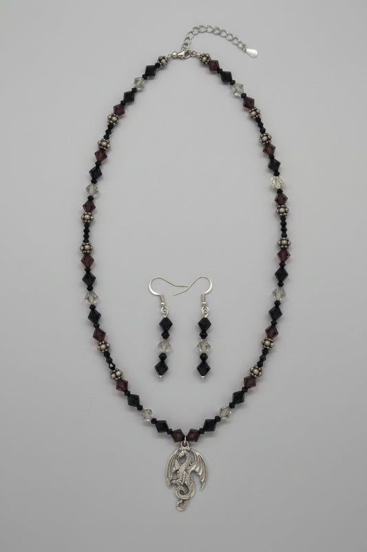Black and maroon dragon jewelry set