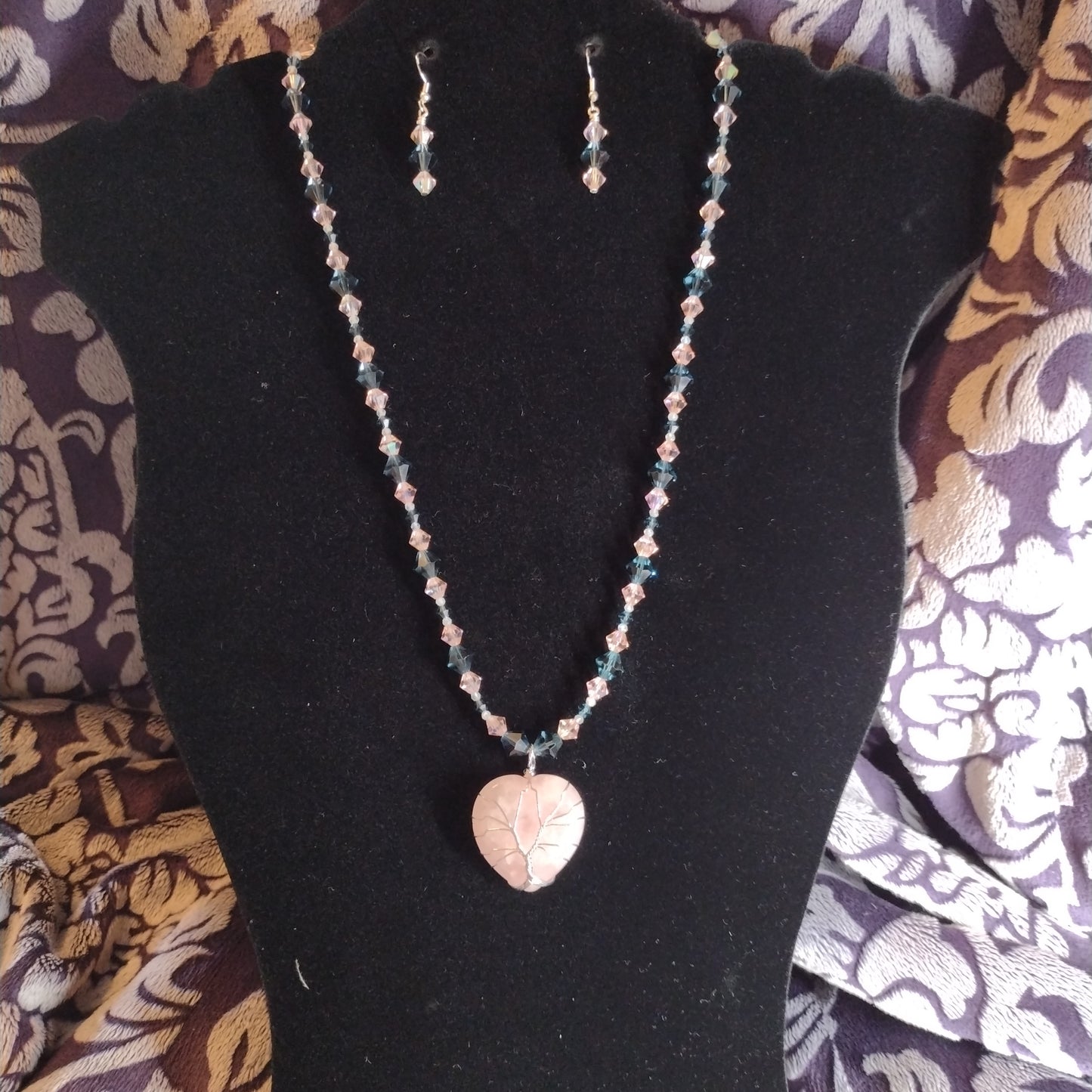 Rose quartz tree of life pendant set