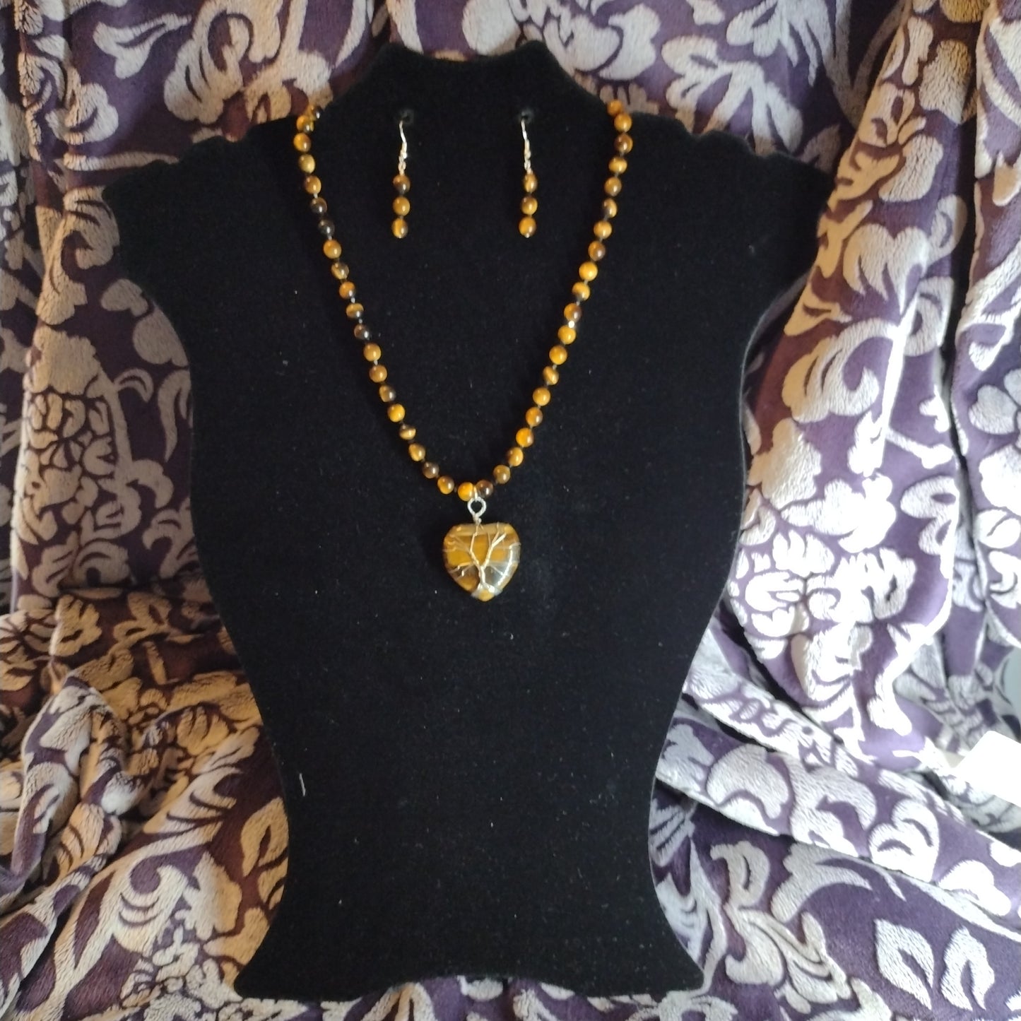 Tiger eye tree of life pendant necklace set