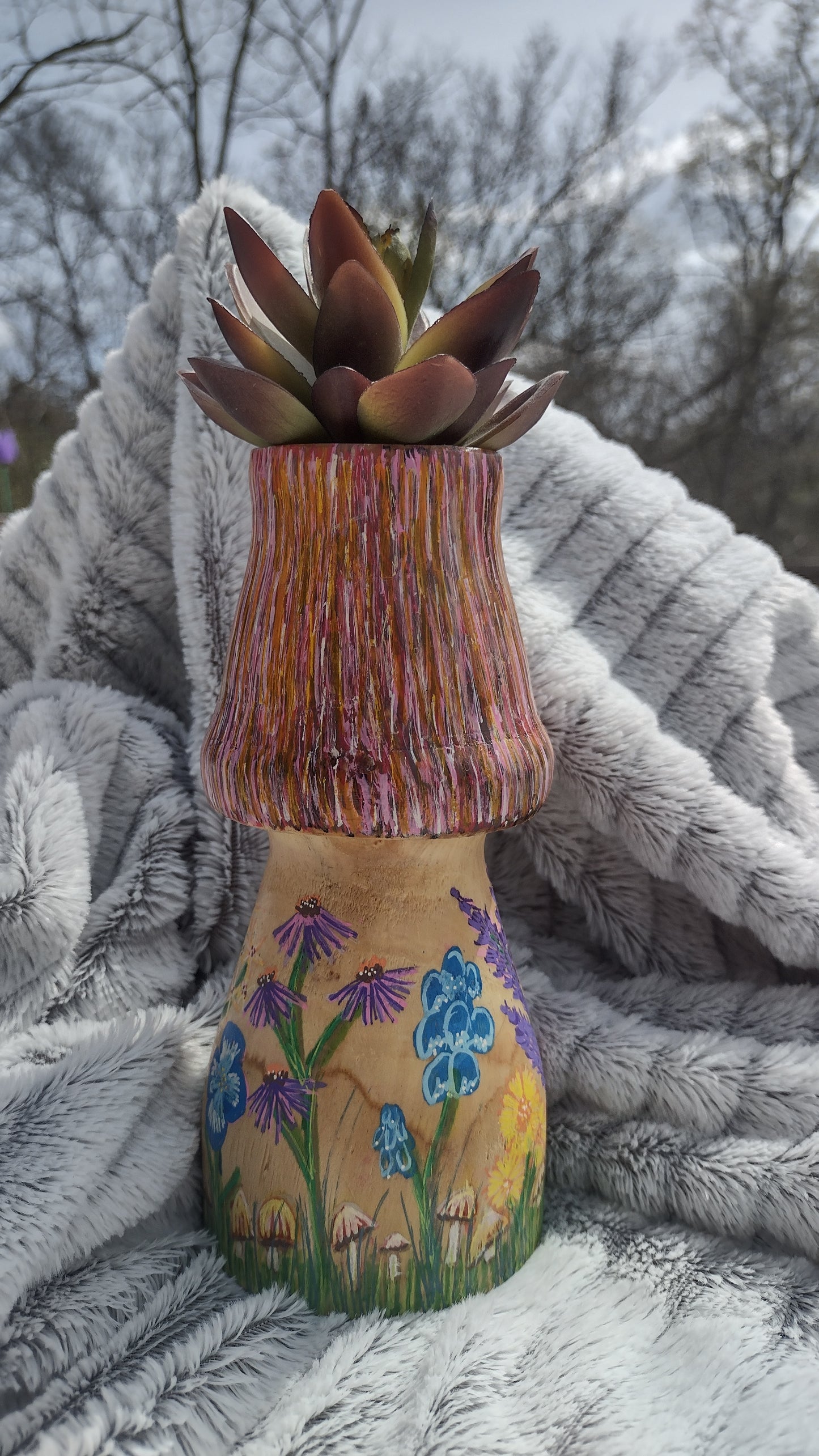 Wooden mushroom planter hand painted