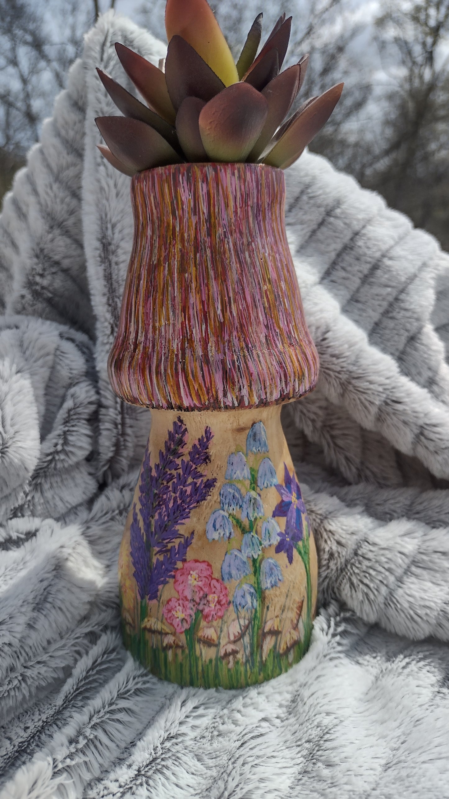 Wooden mushroom planter hand painted